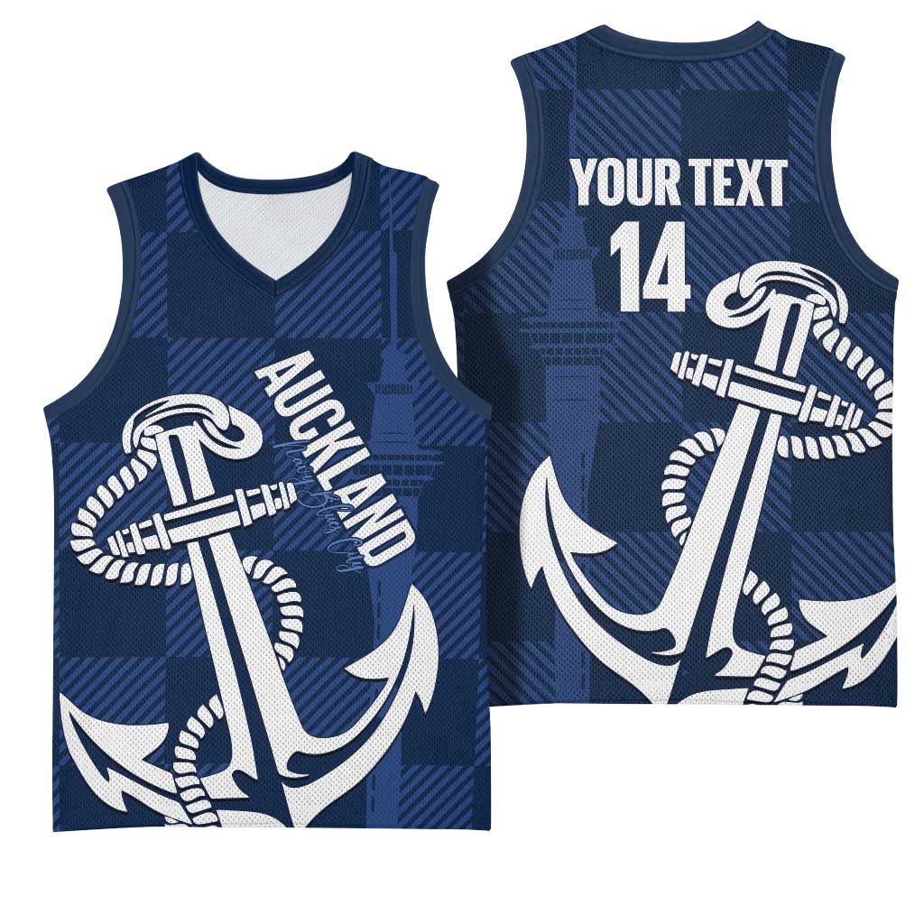 New Zealand Auckland Football Custom Basketball Jersey Navy Blue City Anchor Sky Tower Symbol - Polynesian Pride
