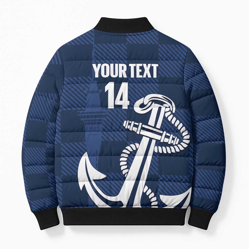 New Zealand Auckland Football Custom Bomber Puffer Jacket Navy Blue City Anchor Sky Tower Symbol - Polynesian Pride