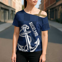 New Zealand Auckland Football Custom Cross Shoulder Shirt Navy Blue City Anchor Sky Tower Symbol - Polynesian Pride