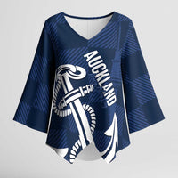 New Zealand Auckland Football Custom Kimono Sleeve Blouse Navy Blue City Anchor Sky Tower Symbol - Polynesian Pride