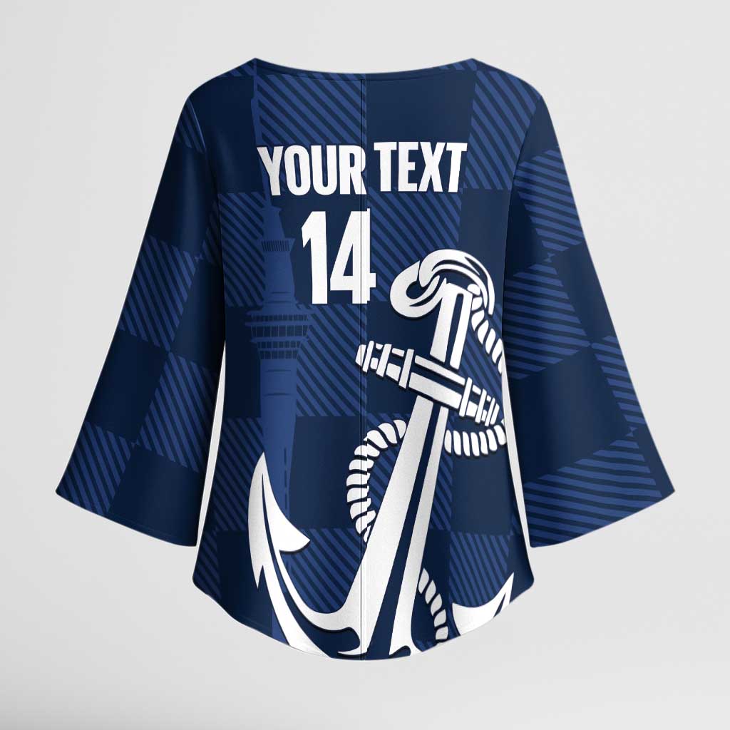 New Zealand Auckland Football Custom Kimono Sleeve Blouse Navy Blue City Anchor Sky Tower Symbol - Polynesian Pride