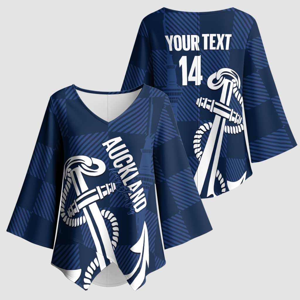 New Zealand Auckland Football Custom Kimono Sleeve Blouse Navy Blue City Anchor Sky Tower Symbol - Polynesian Pride