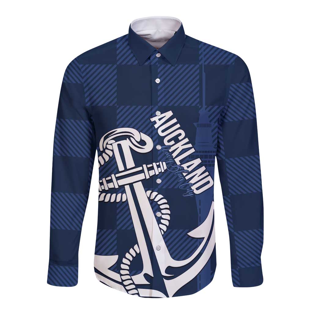 New Zealand Auckland Football Custom Long Sleeve Button Shirt Navy Blue City Anchor Sky Tower Symbol - Polynesian Pride