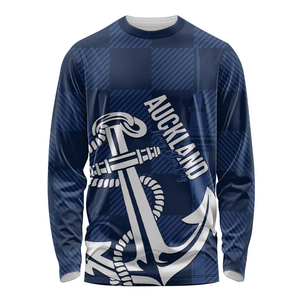 New Zealand Auckland Football Custom Long Sleeve Shirt Navy Blue City Anchor Sky Tower Symbol - Polynesian Pride