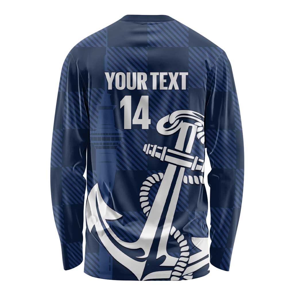 New Zealand Auckland Football Custom Long Sleeve Shirt Navy Blue City Anchor Sky Tower Symbol - Polynesian Pride