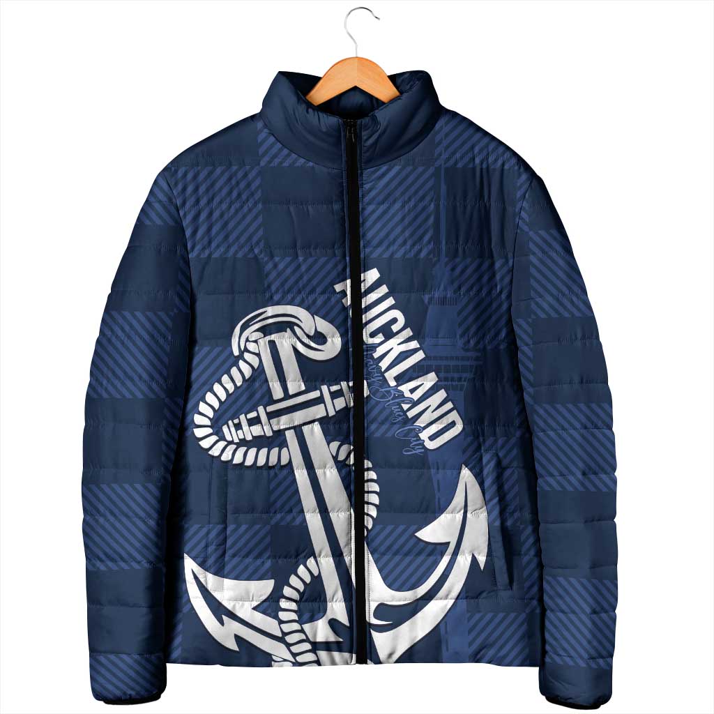 New Zealand Auckland Football Custom Padded Jacket Navy Blue City Anchor Sky Tower Symbol - Polynesian Pride