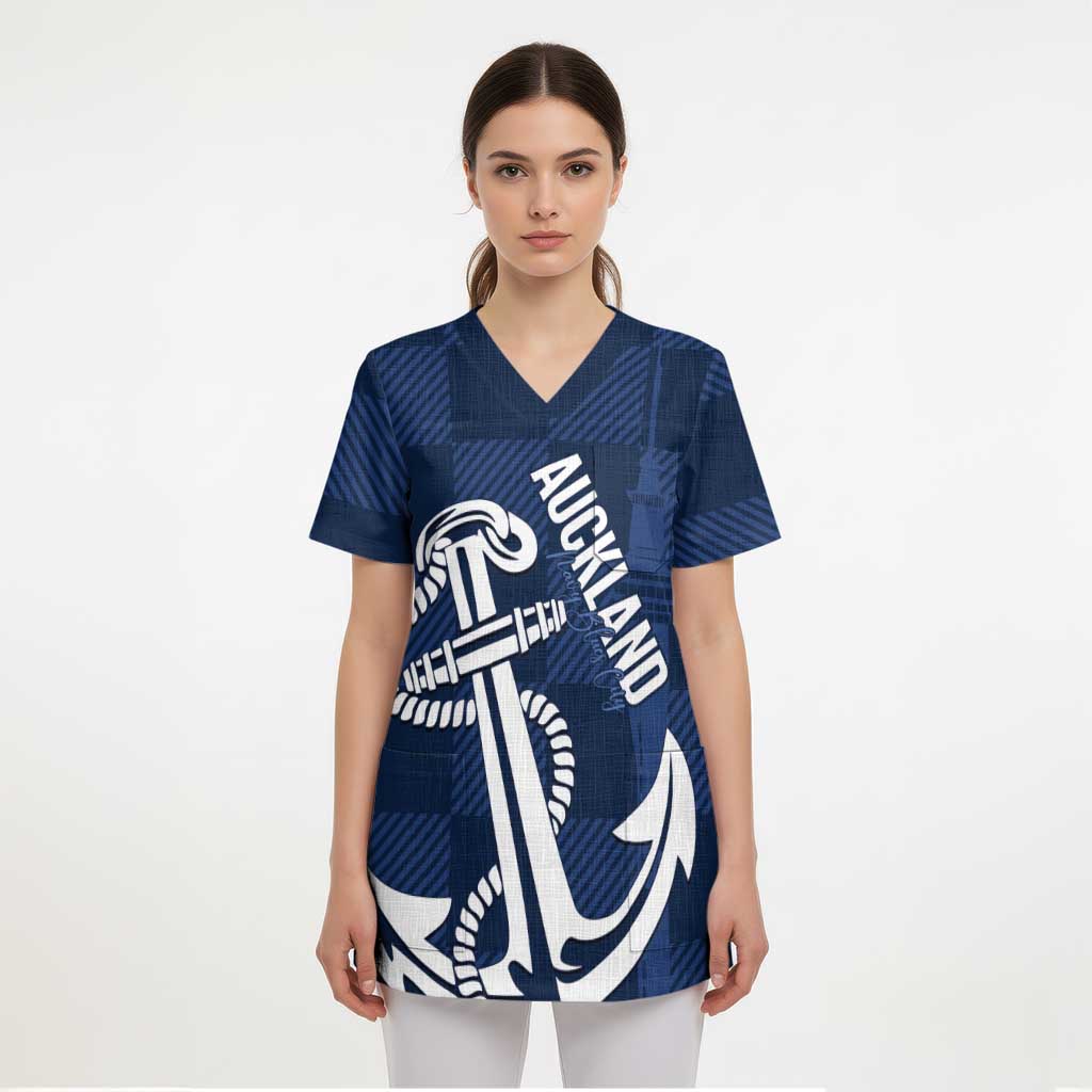 New Zealand Auckland Football Custom Scrub Top Navy Blue City Anchor Sky Tower Symbol - Polynesian Pride