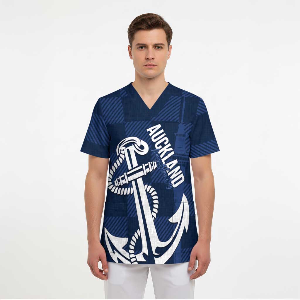 New Zealand Auckland Football Custom Scrub Top Navy Blue City Anchor Sky Tower Symbol - Polynesian Pride