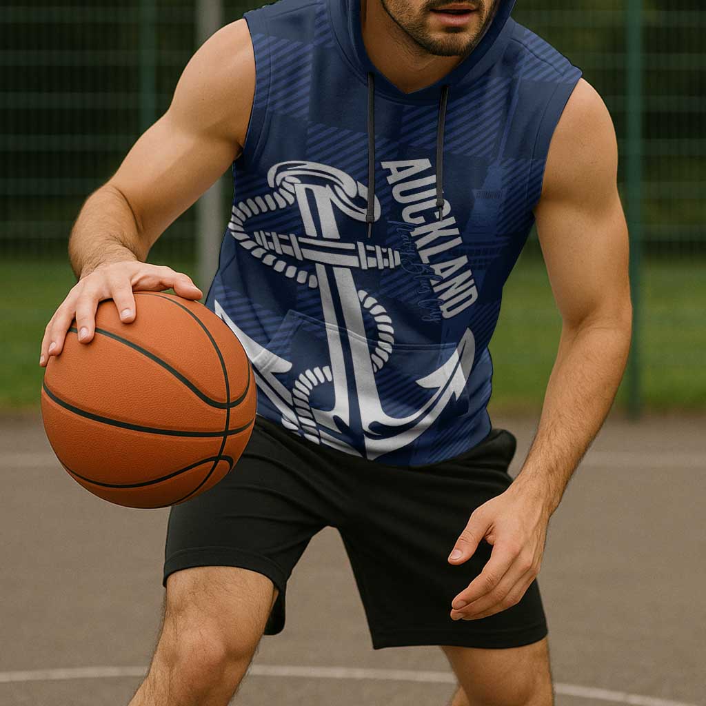 New Zealand Auckland Football Custom Sleeveless Hoodie Navy Blue City Anchor Sky Tower Symbol - Polynesian Pride