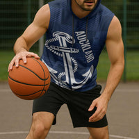 New Zealand Auckland Football Custom Sleeveless Hoodie Navy Blue City Anchor Sky Tower Symbol - Polynesian Pride