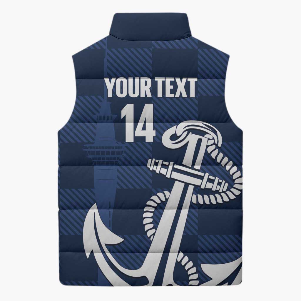 New Zealand Auckland Football Custom Sleeveless Puffer Jacket Navy Blue City Anchor Sky Tower Symbol - Polynesian Pride