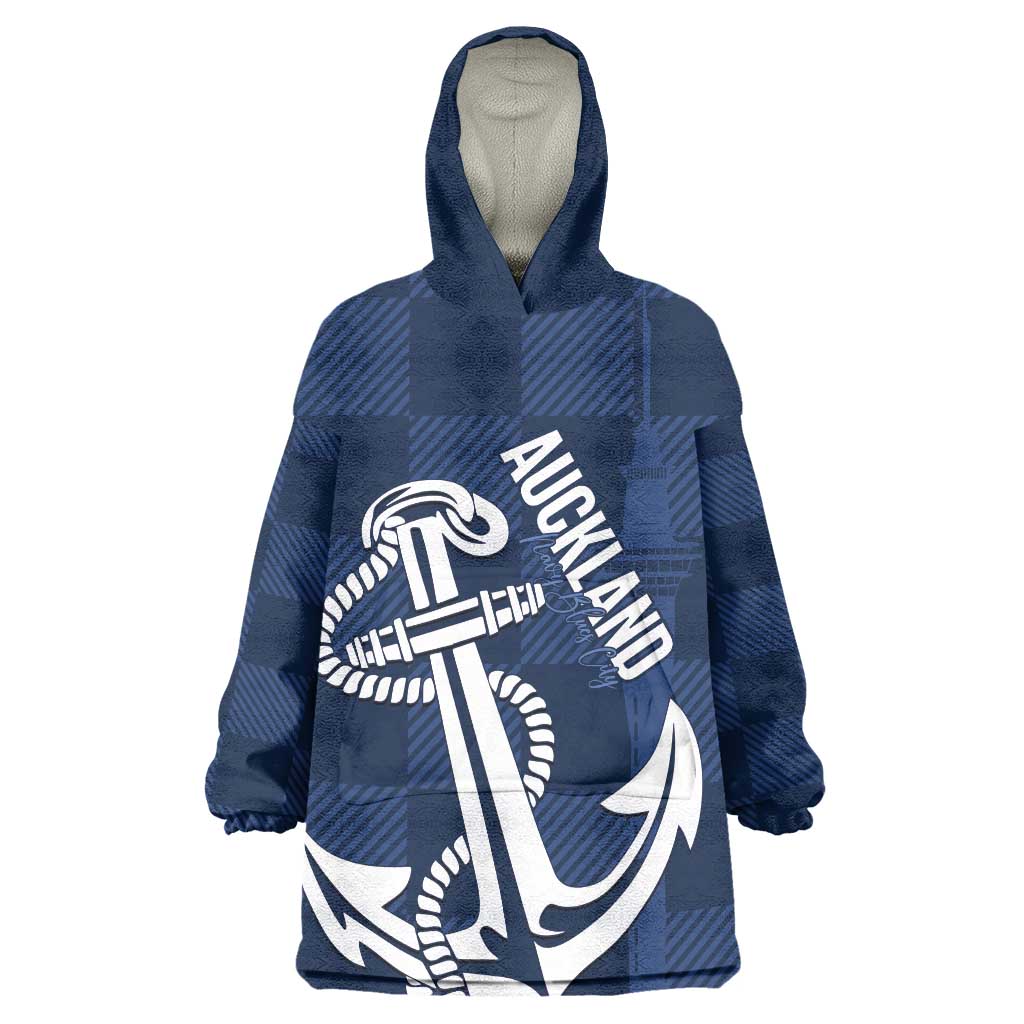 New Zealand Auckland Football Custom Wearable Blanket Hoodie Navy Blue City Anchor Sky Tower Symbol - Polynesian Pride