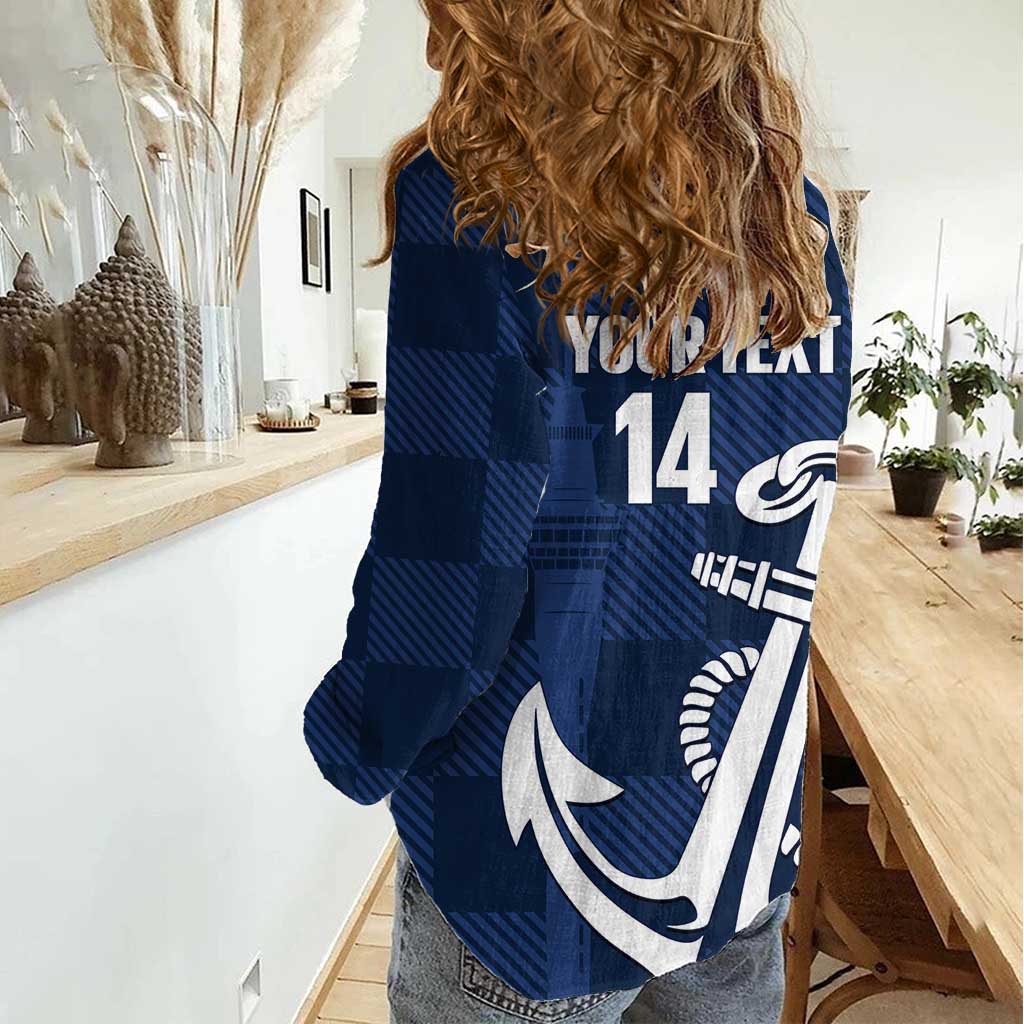 New Zealand Auckland Football Custom Women Casual Shirt Navy Blue City Anchor Sky Tower Symbol - Polynesian Pride