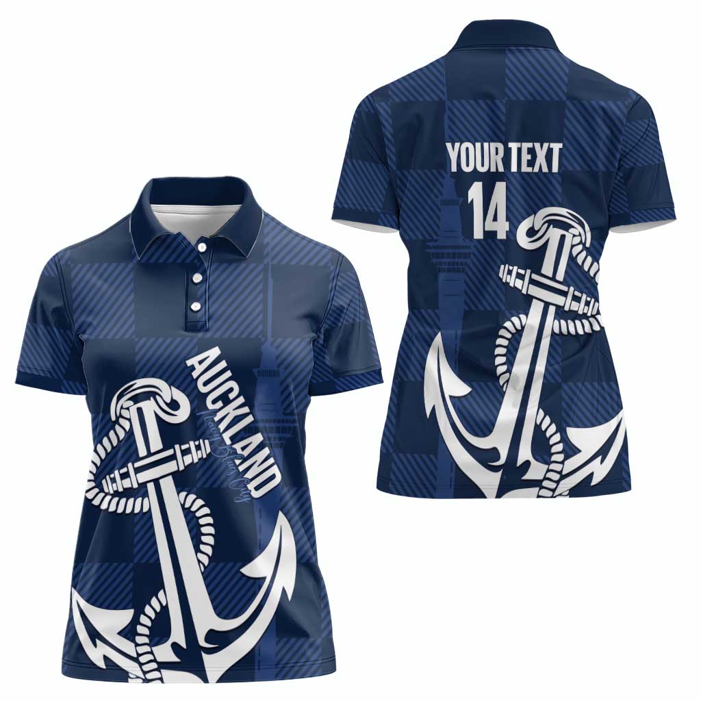 New Zealand Auckland Football Custom Women Polo Shirt Navy Blue City Anchor Sky Tower Symbol - Polynesian Pride
