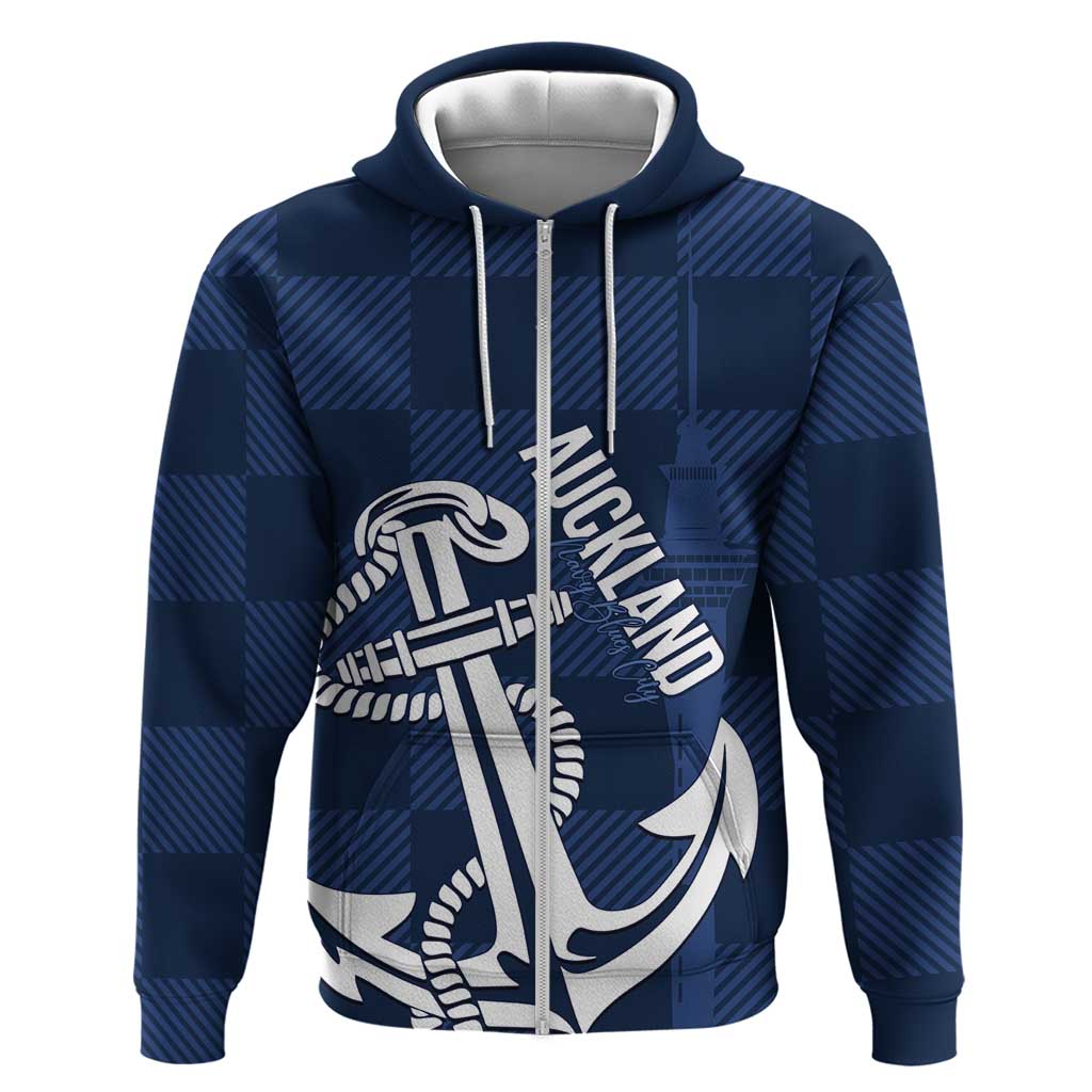 New Zealand Auckland Football Custom Zip Hoodie Navy Blue City Anchor Sky Tower Symbol - Polynesian Pride