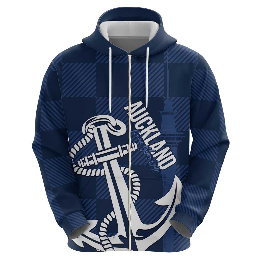 New Zealand Auckland Football Custom Zip Hoodie Navy Blue City Anchor Sky Tower Symbol - Polynesian Pride