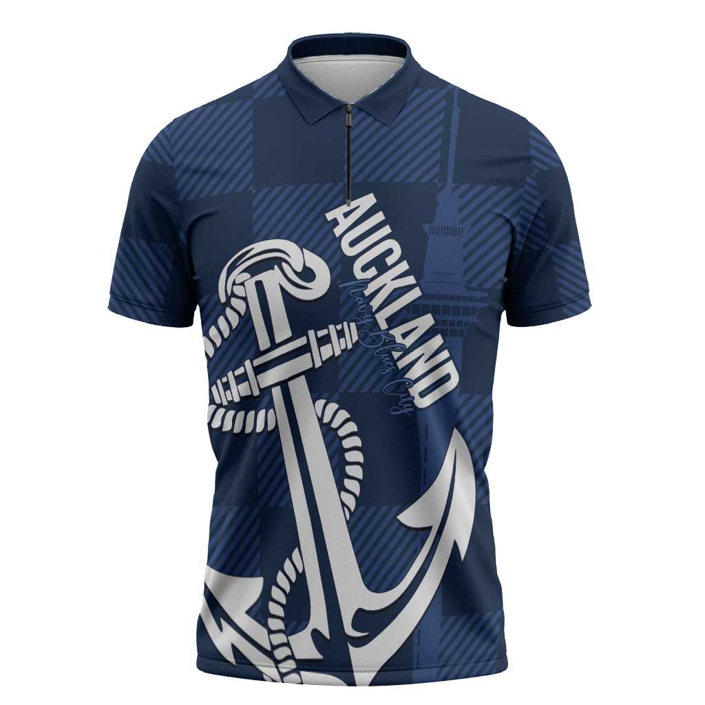 New Zealand Auckland Football Custom Zipper Polo Shirt Navy Blue City Anchor Sky Tower Symbol - Polynesian Pride
