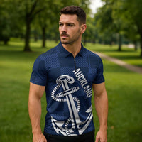 New Zealand Auckland Football Custom Zipper Polo Shirt Navy Blue City Anchor Sky Tower Symbol - Polynesian Pride