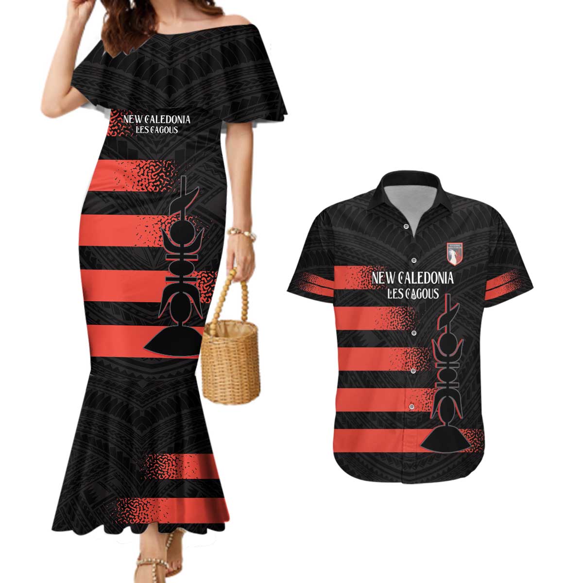 Custom New Caledonia Football Couples Matching Mermaid Dress and Hawaiian Shirt Allez Les Cagous Polynesian Pattern