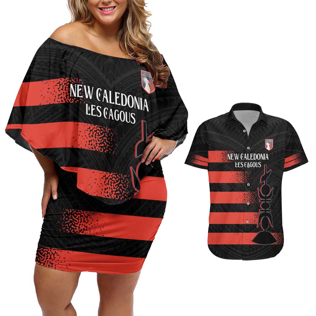 Custom New Caledonia Football Couples Matching Off Shoulder Short Dress and Hawaiian Shirt Allez Les Cagous Polynesian Pattern