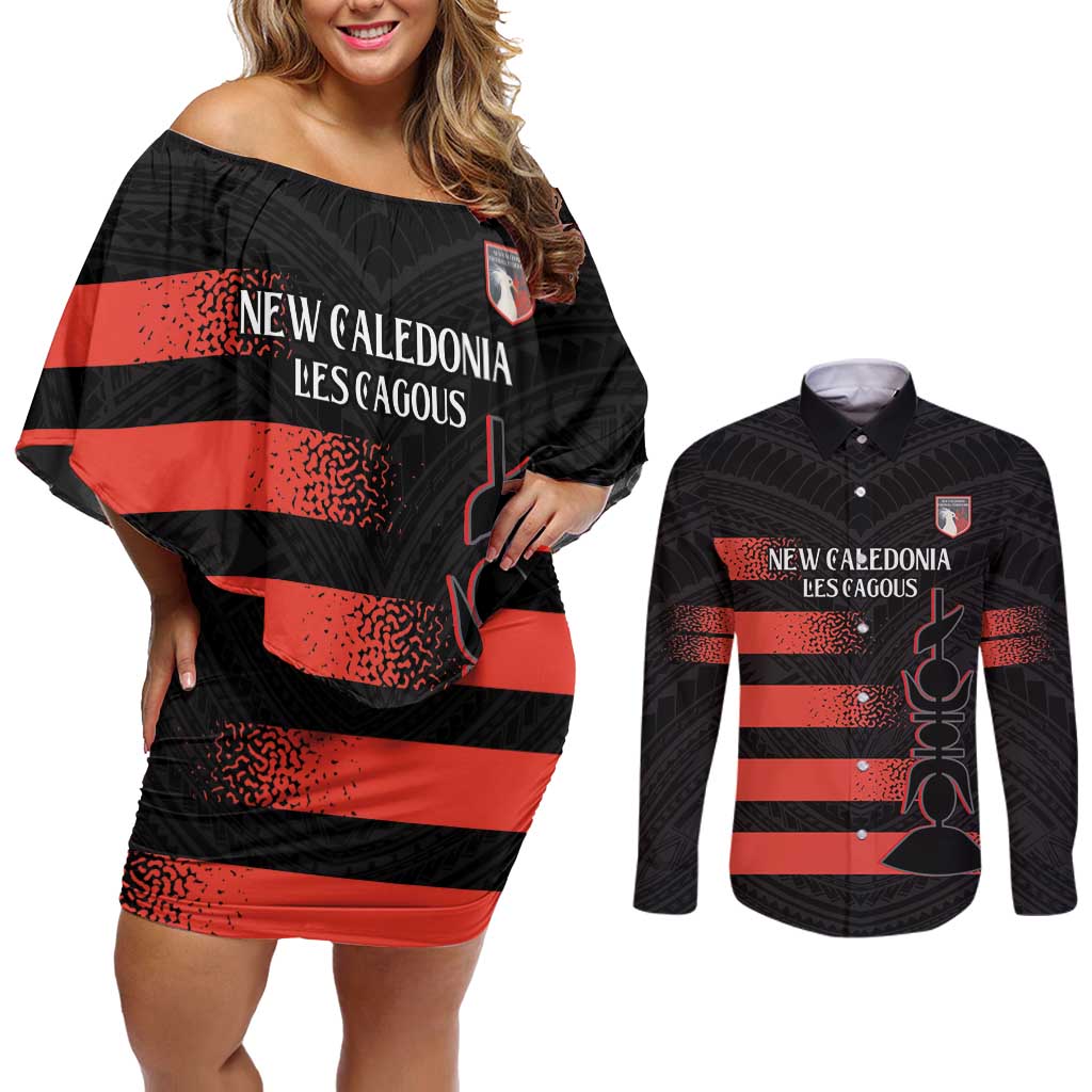 Custom New Caledonia Football Couples Matching Off Shoulder Short Dress and Long Sleeve Button Shirt Allez Les Cagous Polynesian Pattern