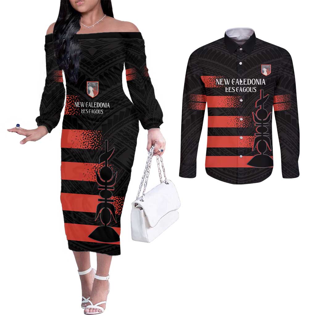 Custom New Caledonia Football Couples Matching Off The Shoulder Long Sleeve Dress and Long Sleeve Button Shirt Allez Les Cagous Polynesian Pattern