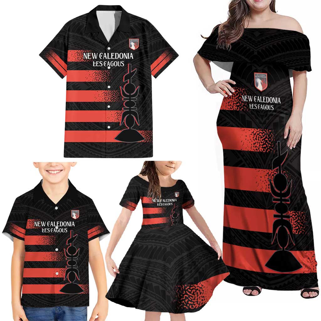 Custom New Caledonia Football Family Matching Off Shoulder Maxi Dress and Hawaiian Shirt Allez Les Cagous Polynesian Pattern