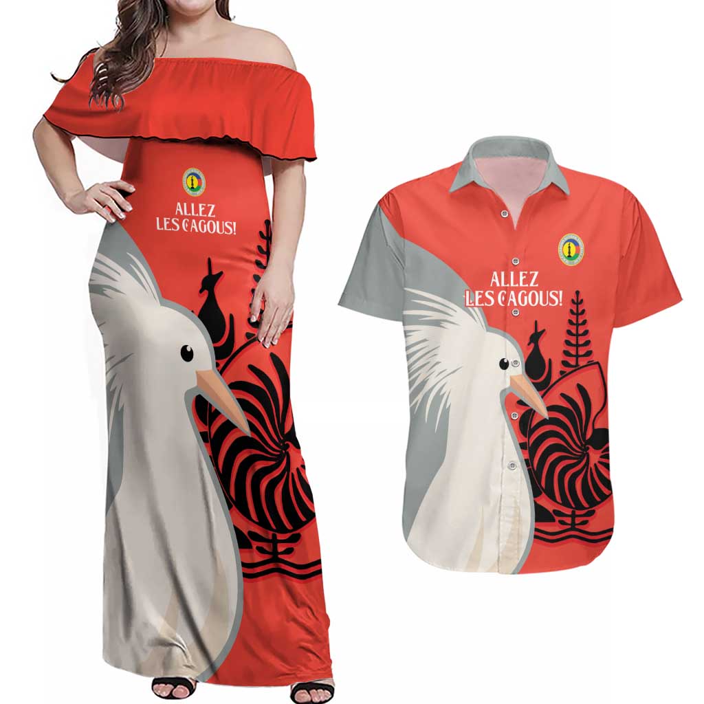 Custom Nouvelle-Caledonie Football Couples Matching Off Shoulder Maxi Dress and Hawaiian Shirt Allez Les Cagous Simple Style LT14 Red - Polynesian Pride