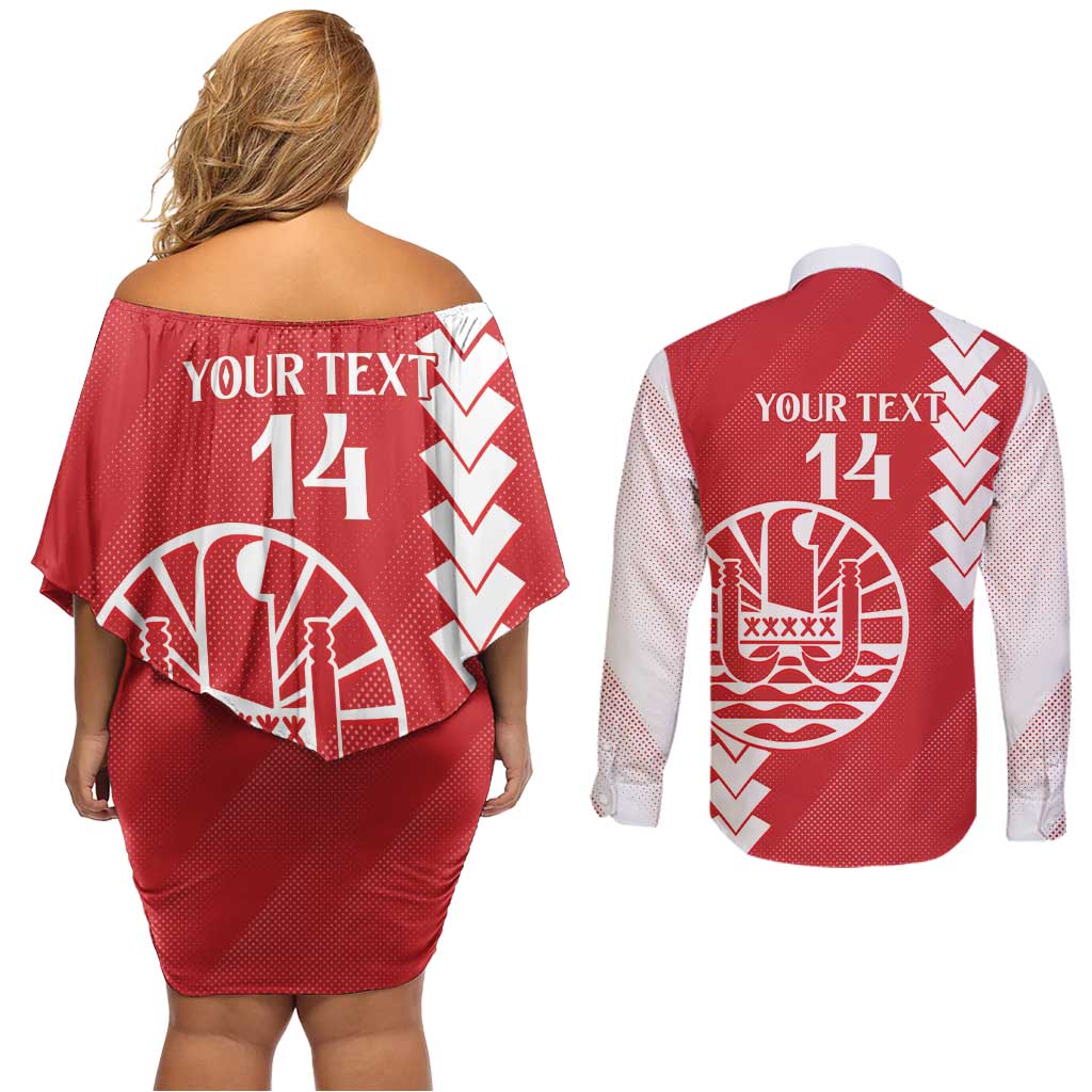 Custom Tahiti Football Couples Matching Off Shoulder Short Dress and Long Sleeve Button Shirt Go Toa Aito