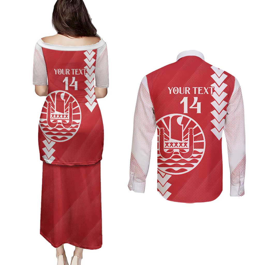Custom Tahiti Football Couples Matching Puletasi and Long Sleeve Button Shirt Go Toa Aito