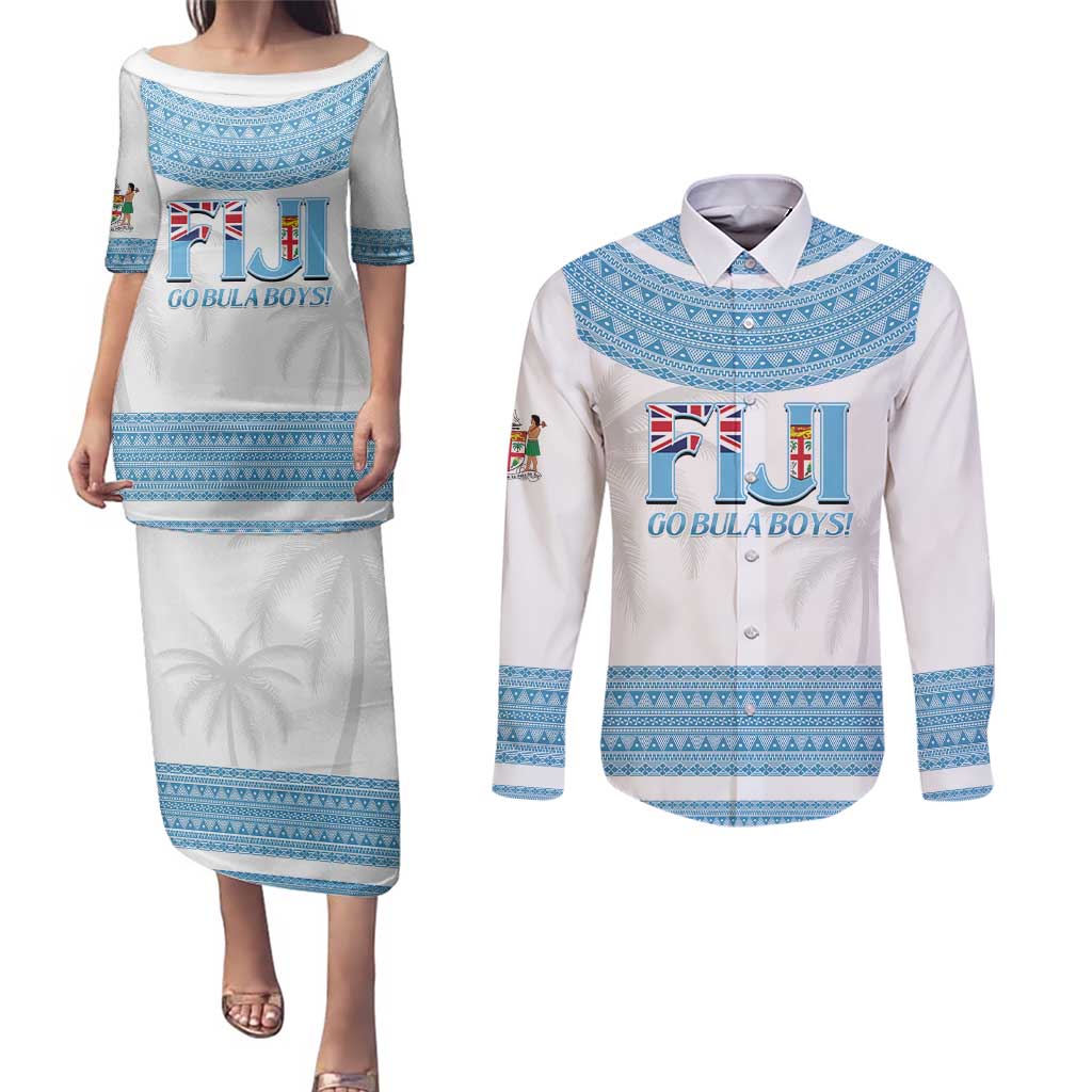 Custom Fiji Tapa Football Couples Matching Puletasi and Long Sleeve Button Shirt Go Bula Boy!