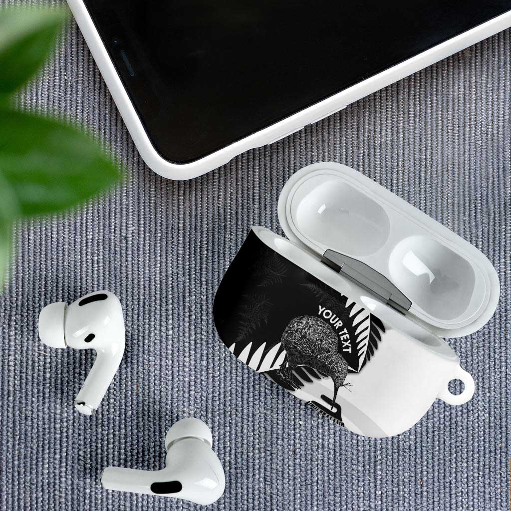 New Zealand Silver Fern Curling Personalised AirPods Case Aotearoa Kiwi Ponga Black White Version LT14 - Polynesian Pride