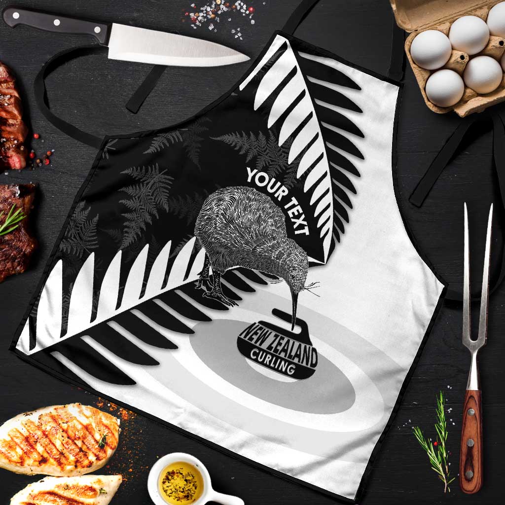 New Zealand Silver Fern Curling Personalised Apron Aotearoa Kiwi Ponga Black White Version LT14 Black - Polynesian Pride