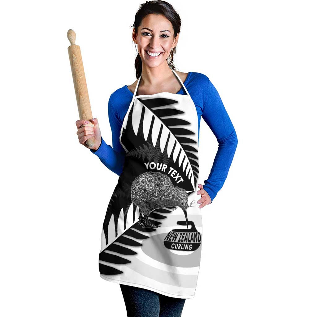 New Zealand Silver Fern Curling Personalised Apron Aotearoa Kiwi Ponga Black White Version LT14 - Polynesian Pride
