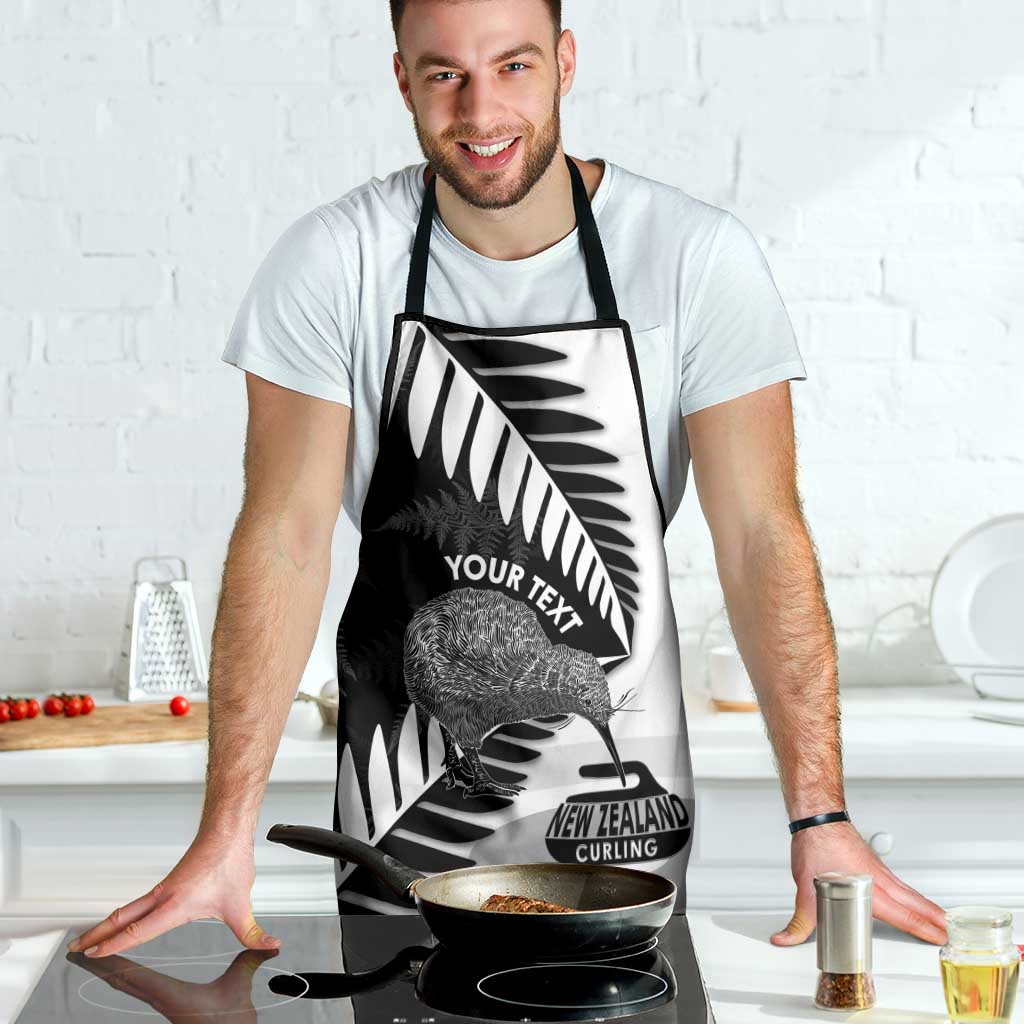 New Zealand Silver Fern Curling Personalised Apron Aotearoa Kiwi Ponga Black White Version LT14 - Polynesian Pride