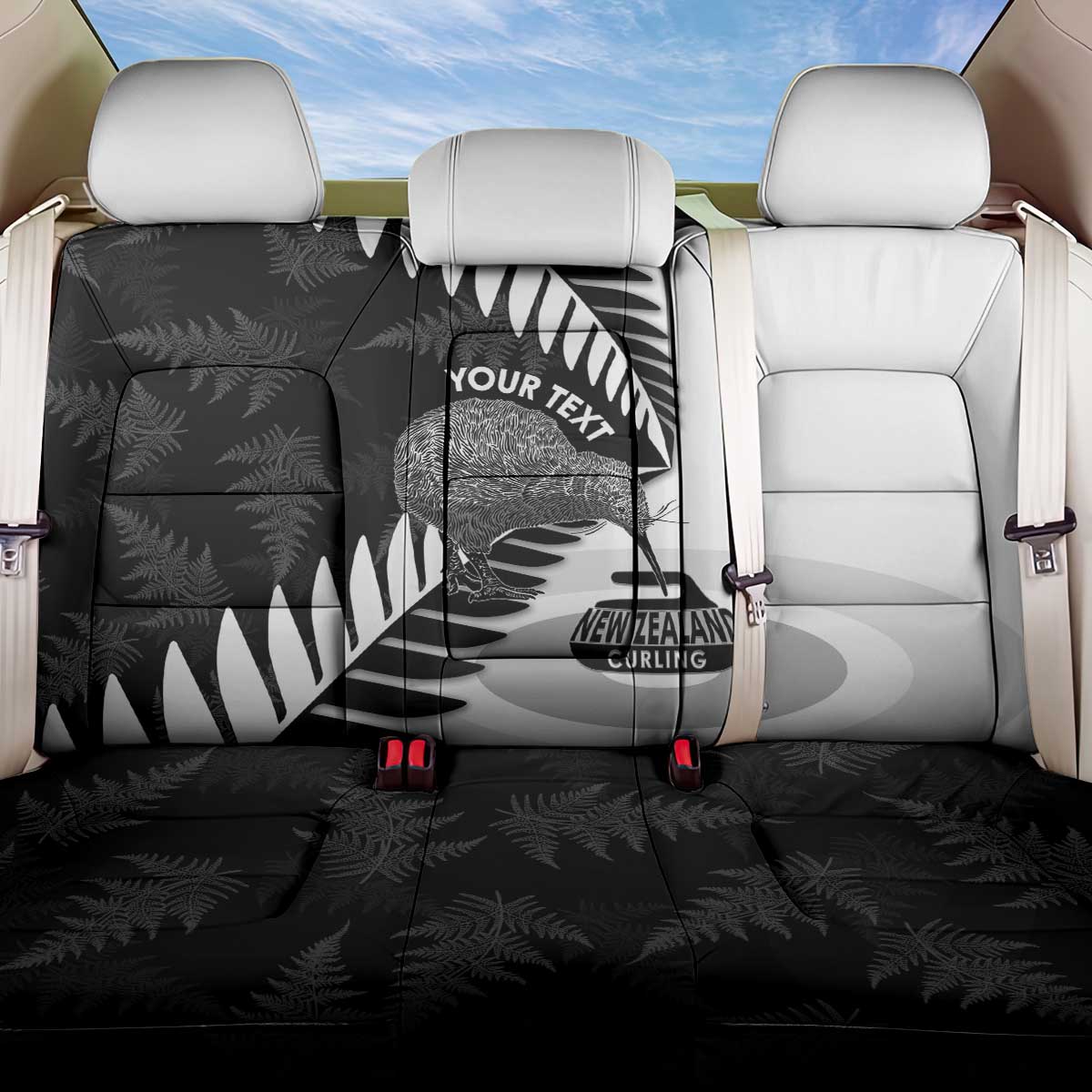 New Zealand Silver Fern Curling Personalised Back Car Seat Cover Aotearoa Kiwi Ponga Black White Version LT14 One Size Black - Polynesian Pride