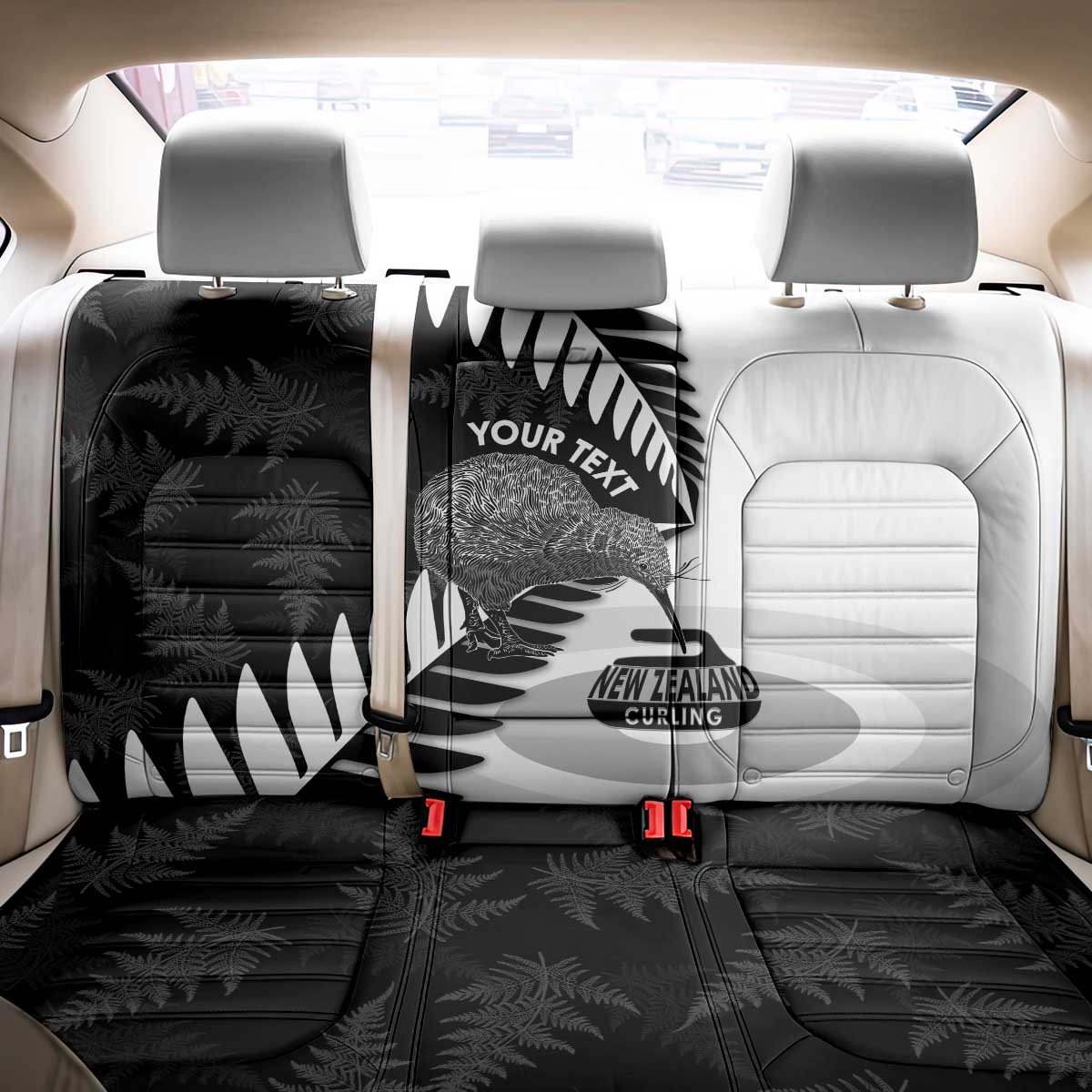 New Zealand Silver Fern Curling Personalised Back Car Seat Cover Aotearoa Kiwi Ponga Black White Version LT14 - Polynesian Pride