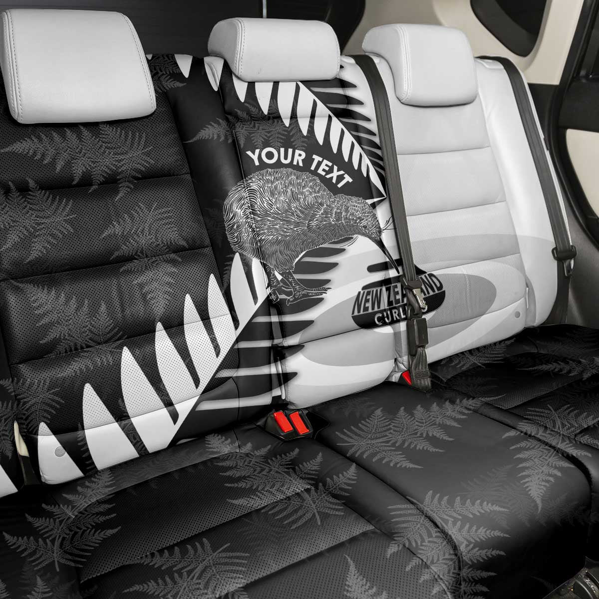 New Zealand Silver Fern Curling Personalised Back Car Seat Cover Aotearoa Kiwi Ponga Black White Version LT14 - Polynesian Pride