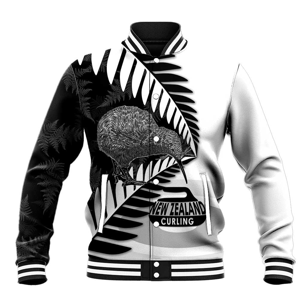 New Zealand Silver Fern Curling Personalised Baseball Jacket Aotearoa Kiwi Ponga Black White Version LT14 Unisex Black - Polynesian Pride