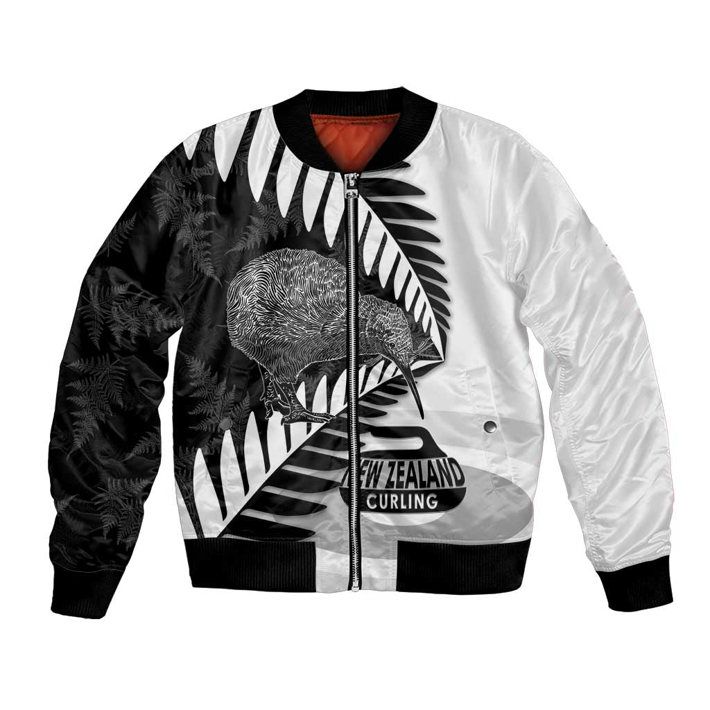 New Zealand Silver Fern Curling Personalised Bomber Jacket Aotearoa Kiwi Ponga Black White Version LT14 Unisex Black - Polynesian Pride