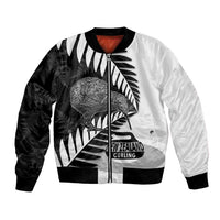New Zealand Silver Fern Curling Personalised Bomber Jacket Aotearoa Kiwi Ponga Black White Version LT14 Unisex Black - Polynesian Pride
