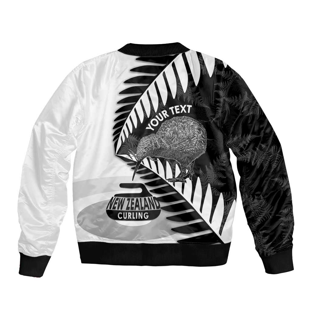 New Zealand Silver Fern Curling Personalised Bomber Jacket Aotearoa Kiwi Ponga Black White Version LT14 - Polynesian Pride