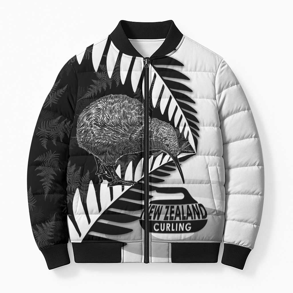 New Zealand Silver Fern Curling Personalised Bomber Puffer Jacket Aotearoa Kiwi Ponga Black White Version LT14 Unisex Black - Polynesian Pride