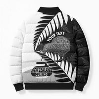 New Zealand Silver Fern Curling Personalised Bomber Puffer Jacket Aotearoa Kiwi Ponga Black White Version LT14 - Polynesian Pride