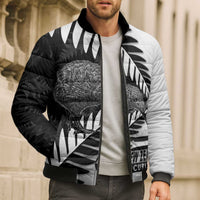 New Zealand Silver Fern Curling Personalised Bomber Puffer Jacket Aotearoa Kiwi Ponga Black White Version LT14 - Polynesian Pride
