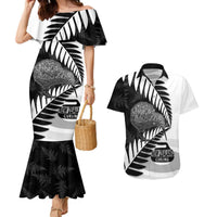New Zealand Silver Fern Curling Personalised Couples Matching Mermaid Dress and Hawaiian Shirt Aotearoa Kiwi Ponga Black White Version - Polynesian Pride