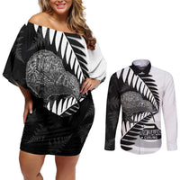 New Zealand Silver Fern Curling Personalised Couples Matching Off Shoulder Short Dress and Long Sleeve Button Shirt Aotearoa Kiwi Ponga Black White Version - Polynesian Pride