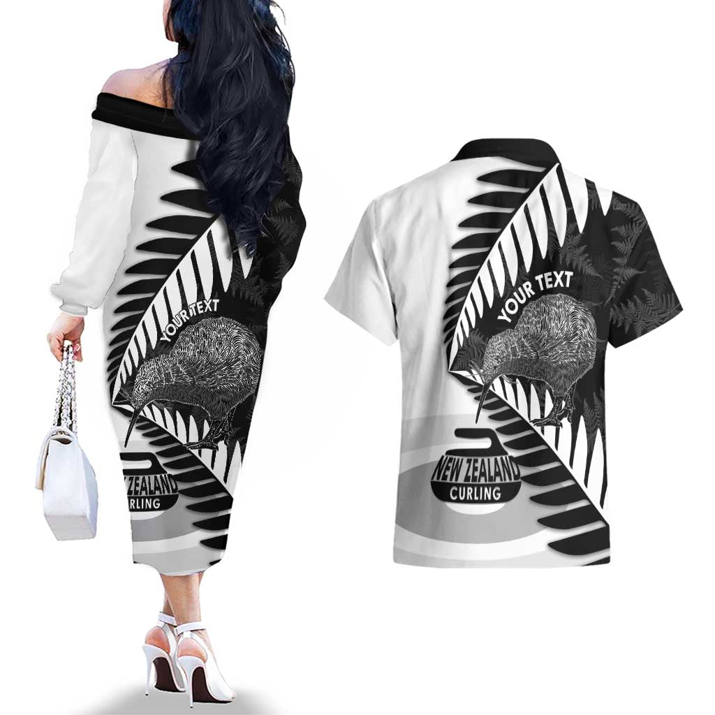 New Zealand Silver Fern Curling Personalised Couples Matching Off The Shoulder Long Sleeve Dress and Hawaiian Shirt Aotearoa Kiwi Ponga Black White Version - Polynesian Pride