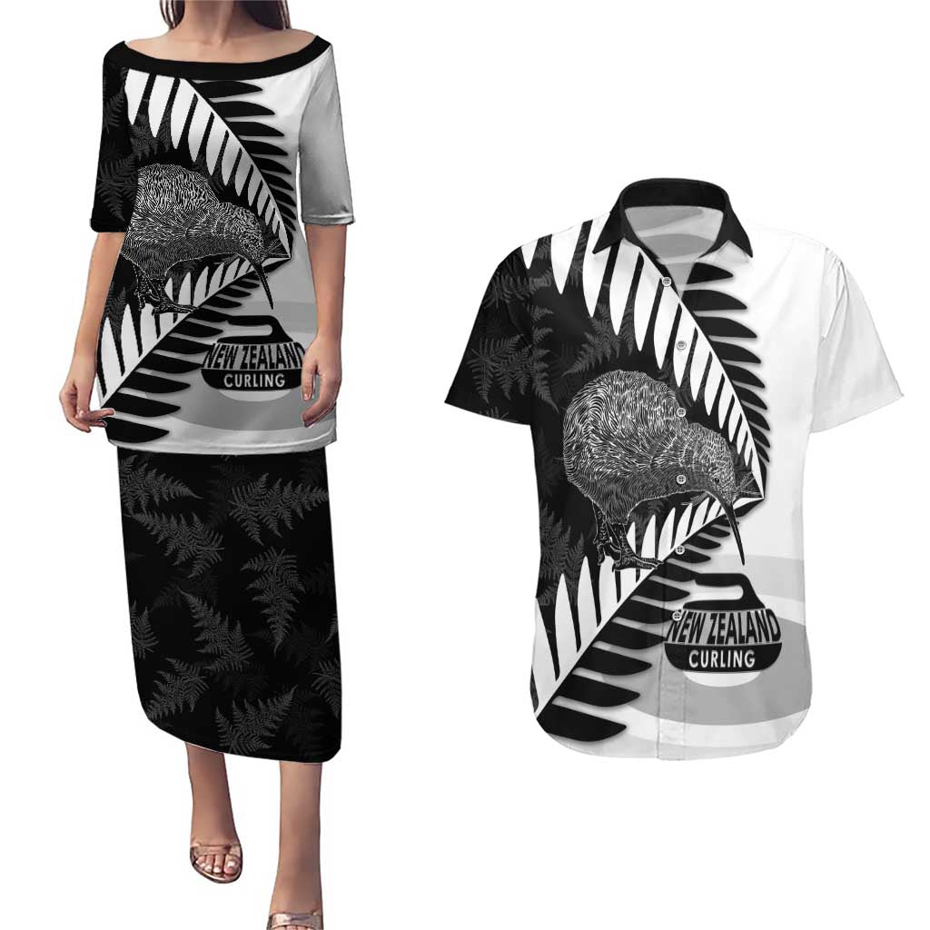 New Zealand Silver Fern Curling Personalised Couples Matching Puletasi and Hawaiian Shirt Aotearoa Kiwi Ponga Black White Version LT14 Black - Polynesian Pride
