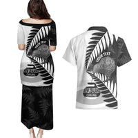 New Zealand Silver Fern Curling Personalised Couples Matching Puletasi and Hawaiian Shirt Aotearoa Kiwi Ponga Black White Version - Polynesian Pride